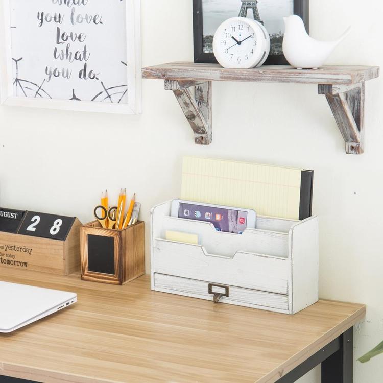 Vintage White Wood Desktop 3-Slot Mail Sorter with Pullout Drawer - MyGift Enterprise LLC