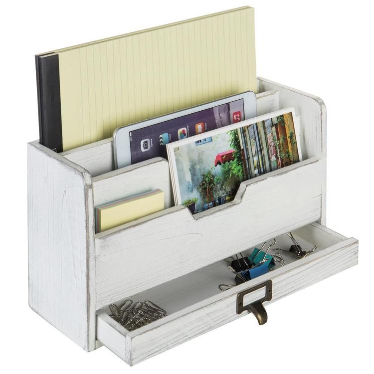 Vintage White Wood Desktop 3-Slot Mail Sorter with Pullout Drawer - MyGift Enterprise LLC