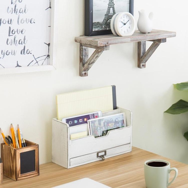 Vintage White Wood Desktop 3-Slot Mail Sorter with Pullout Drawer - MyGift Enterprise LLC