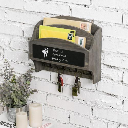 Vintage Gray Wood Entryway Organizer with Chalkboard and Key Hooks - MyGift