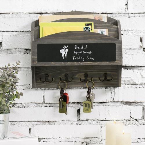 Vintage Gray Wood Entryway Organizer with Chalkboard and Key Hooks - MyGift