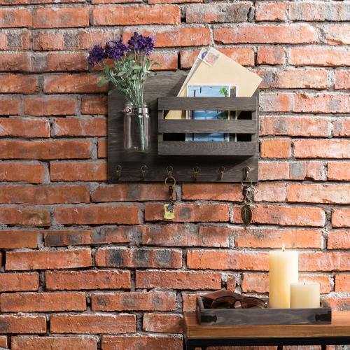 Vintage Gray Wood Mail Organizer with Key Hooks & Mason Jar - MyGift