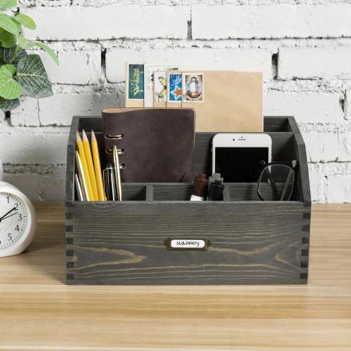 Vintage Gray Wood Office Supplies Organizer w/ Antique Metal Label - MyGift