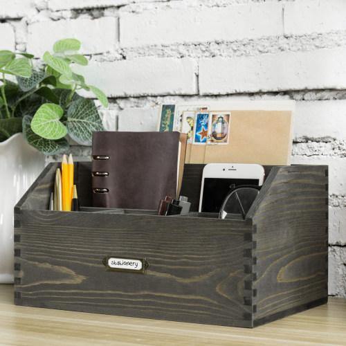 Vintage Gray Wood Office Supplies Organizer w/ Antique Metal Label - MyGift