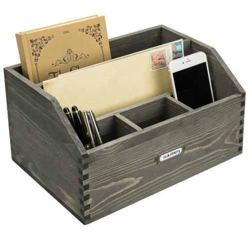Vintage Gray Wood Office Supplies Organizer w/ Antique Metal Label - MyGift
