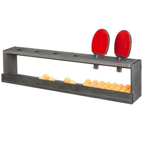 Vintage Gray Wood Ping Paddle Rack with Ball Storage Shelf - MyGift