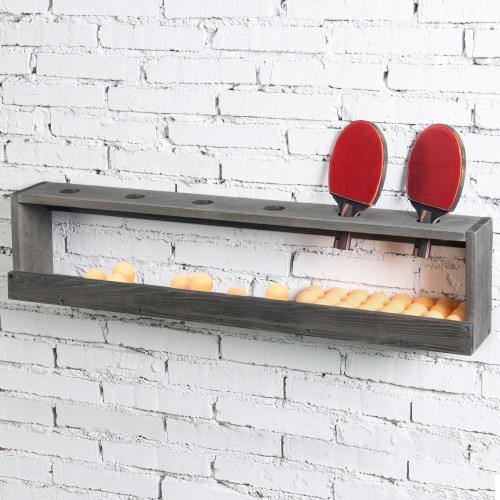 Vintage Gray Wood Ping Paddle Rack with Ball Storage Shelf - MyGift