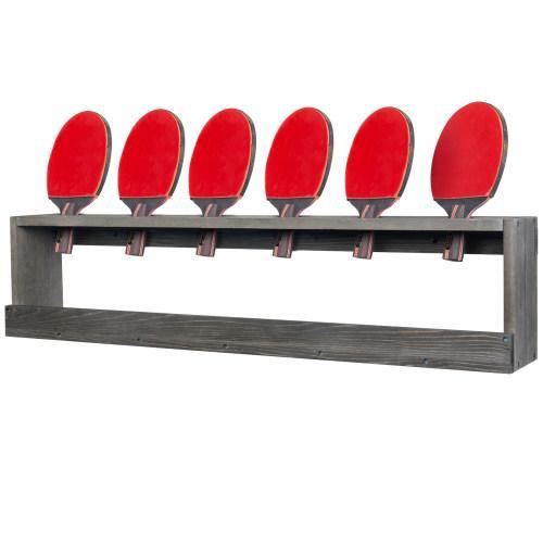 Vintage Gray Wood Ping Paddle Rack with Ball Storage Shelf - MyGift