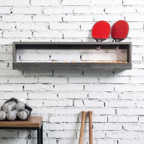 Vintage Gray Wood Ping Paddle Rack with Ball Storage Shelf - MyGift