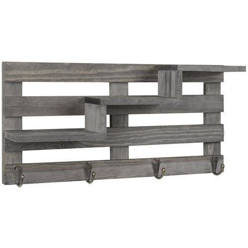 Vintage Gray Wood Wall-Mounted Stair Display Shelf with Key Hooks - MyGift
