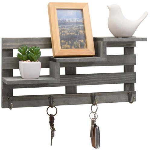 Vintage Gray Wood Wall-Mounted Stair Display Shelf with Key Hooks - MyGift