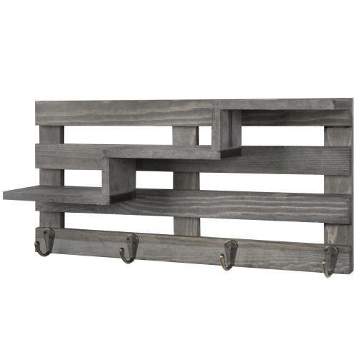 Vintage Gray Wood Wall-Mounted Stair Display Shelf with Key Hooks - MyGift