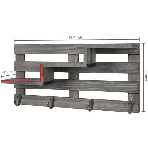 Vintage Gray Wood Wall-Mounted Stair Display Shelf with Key Hooks - MyGift