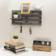 Vintage Gray Wood Wall-Mounted Stair Display Shelf with Key Hooks - MyGift