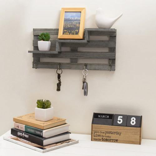 Vintage Gray Wood Wall-Mounted Stair Display Shelf with Key Hooks - MyGift