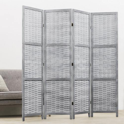 Vintage Gray Wood & Whitewashed Woven Bamboo Room Divider - MyGift