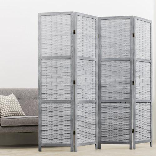 Vintage Gray Wood & Whitewashed Woven Bamboo Room Divider - MyGift