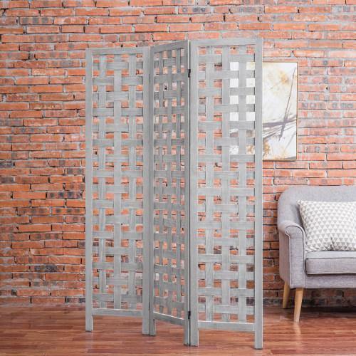 Vintage Gray Woven Grid Wood Room Divider - MyGift