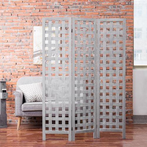 Vintage Gray Woven Grid Wood Room Divider - MyGift