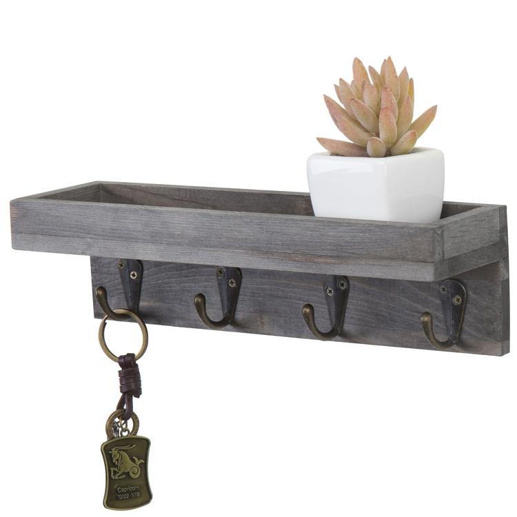 Vintage Grey Wood Wall Mounted Entryway Shelf with 4 Antique Metal Hooks - MyGift