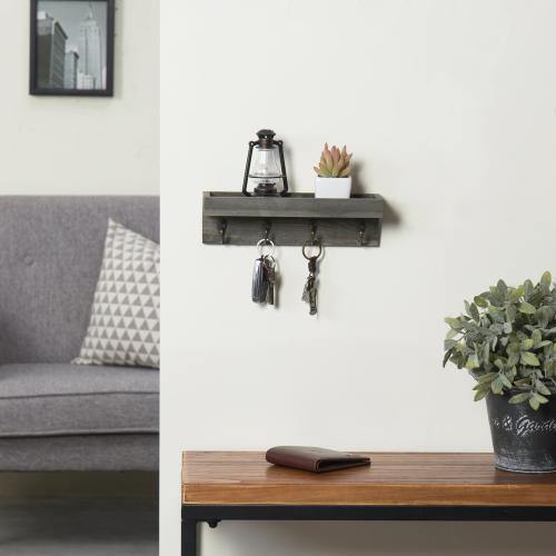 Vintage Grey Wood Wall Mounted Entryway Shelf with 4 Antique Metal Hooks - MyGift