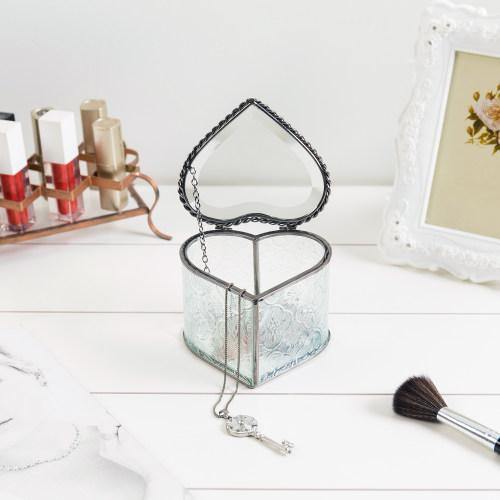 Vintage Heart-Shaped Jewelry Box Etched Glass/Brass Metal - MyGift