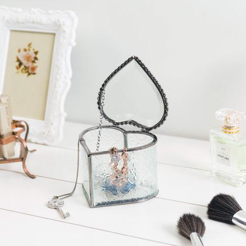 Vintage Heart-Shaped Jewelry Box Etched Glass/Brass Metal - MyGift