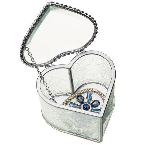 Vintage Heart-Shaped Jewelry Box Etched Glass/Brass Metal - MyGift