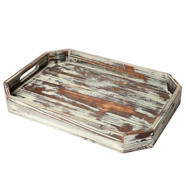 Vintage Inspired Torched Wood Serving Tray with Angled Edges - MyGift