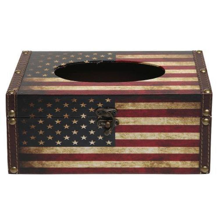 Vintage Patriotic American Flag Design Hinged Refillable Tissue Box Holder Cover