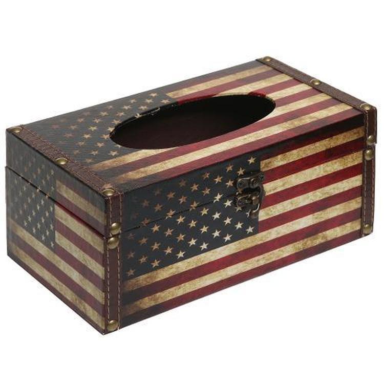 Vintage Patriotic American Flag Design Hinged Refillable Tissue Box Holder Cover