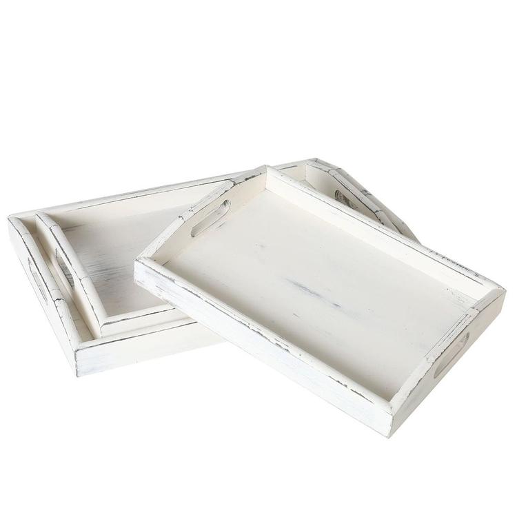Vintage Rustic White Wood Nesting Serving Trays with Oval Cutout Handles, Set of 3 - MyGift Enterprise LLC