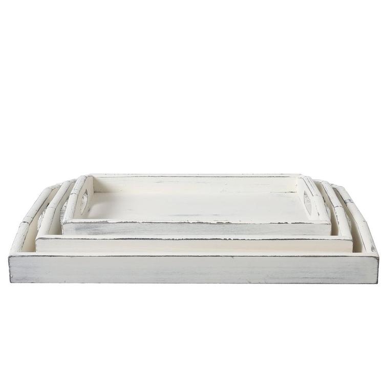 Vintage Rustic White Wood Nesting Serving Trays with Oval Cutout Handles, Set of 3 - MyGift Enterprise LLC