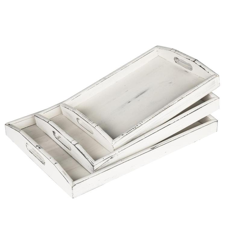 Vintage Rustic White Wood Nesting Serving Trays with Oval Cutout Handles, Set of 3 - MyGift Enterprise LLC
