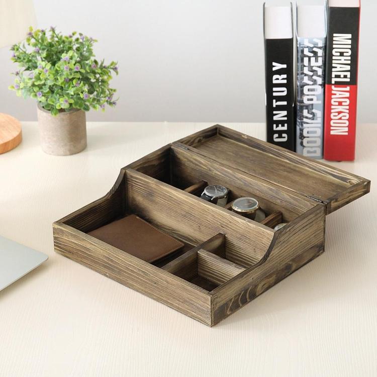 Rustic Brown Burnt Wood Tabletop Watch Case & Dresser Valet Tray - MyGift Enterprise LLC