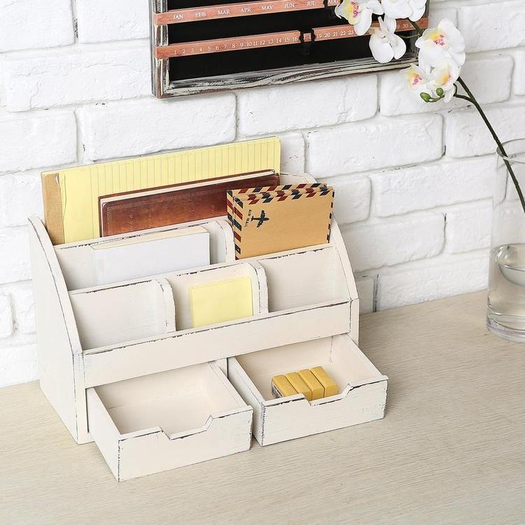 Vintage White Wood Desk Organizer with 2 Drawers - MyGift