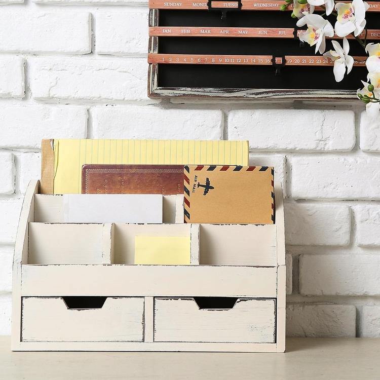 Vintage White Wood Desk Organizer with 2 Drawers - MyGift