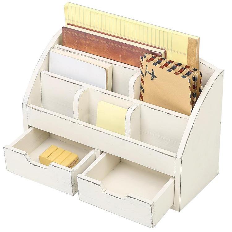 Vintage White Wood Desk Organizer with 2 Drawers - MyGift