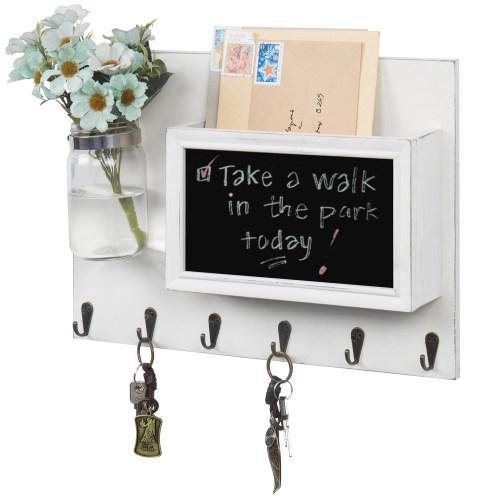Vintage White Wood Mail Sorter with Key Hooks, Mason Jar & Chalkboard - MyGift