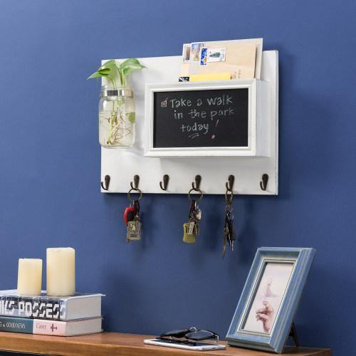 Vintage White Wood Mail Sorter with Key Hooks, Mason Jar & Chalkboard - MyGift