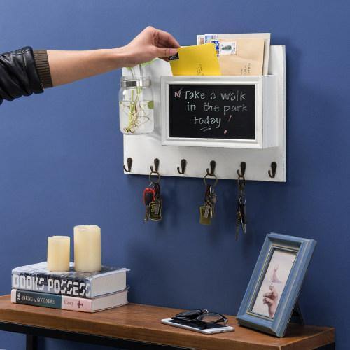 Vintage White Wood Mail Sorter with Key Hooks, Mason Jar & Chalkboard - MyGift