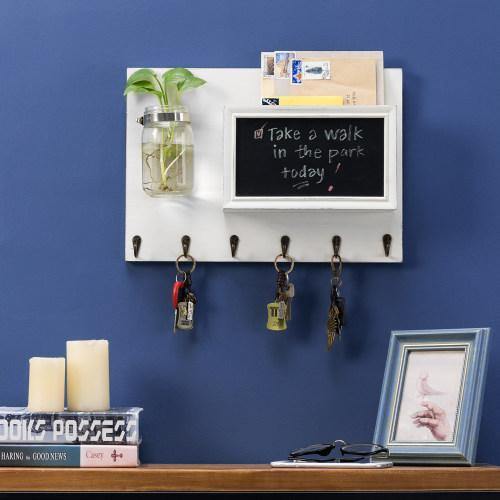 Vintage White Wood Mail Sorter with Key Hooks, Mason Jar & Chalkboard - MyGift
