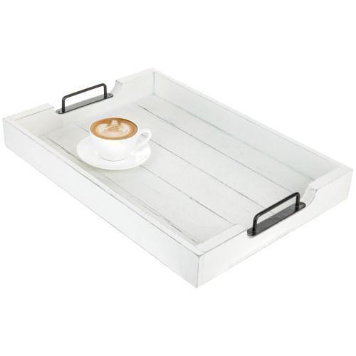 Vintage White Wood Serving Tray with Black Metal Handles - MyGift