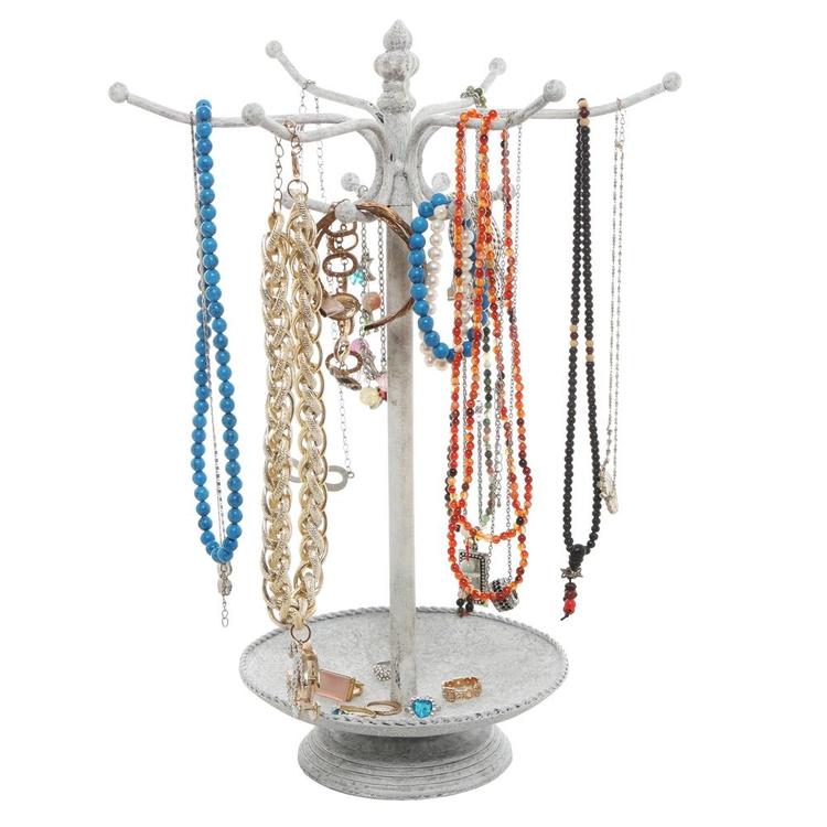 Vintage Whitewashed Metal Jewelry Organizer Rack w/ Ring Tray – MyGift