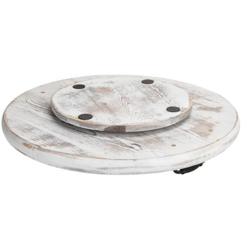 Vintage Whitewashed Wood Lazy Susan Turntable with Handles