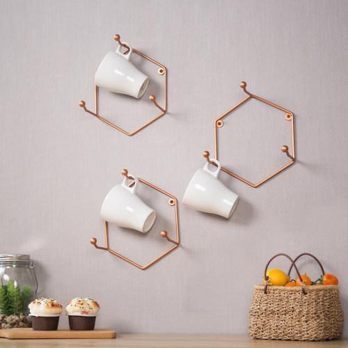 Wall Mounted 3-Hook Hexagonal Bronze Metal Mug Holders, Set of 3 - MyGift