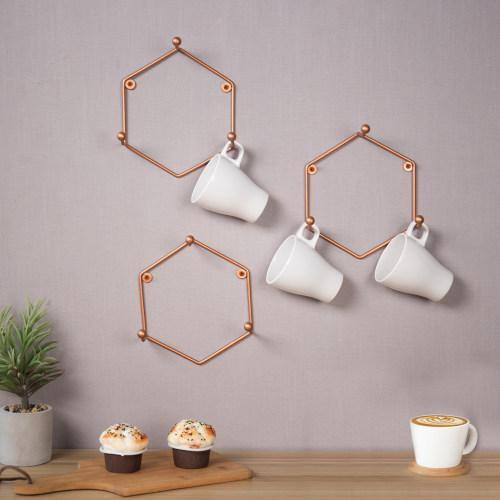 Wall Mounted 3-Hook Hexagonal Bronze Metal Mug Holders, Set of 3 - MyGift