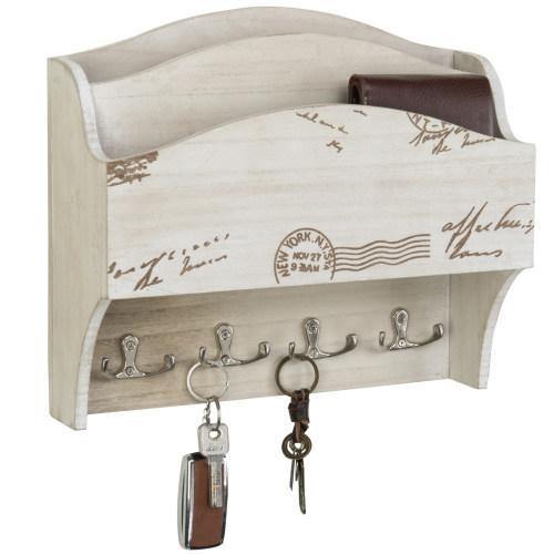 Wall Mounted Beige Wood Mail Sorter with Key Hooks - MyGift