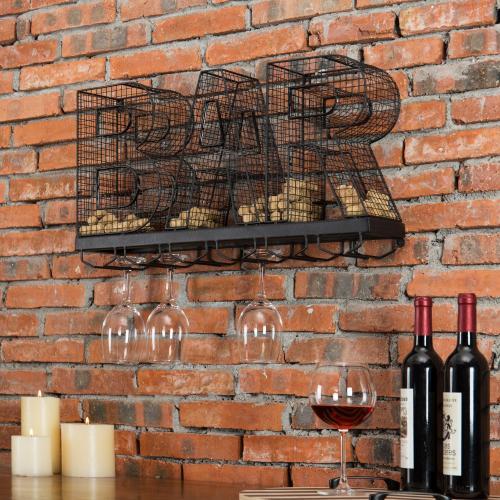 Wall-Mounted Black Metal Wine Glass Rack with Cork Storage