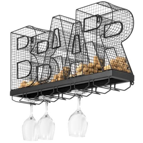 Wall-Mounted Black Metal Wine Glass Rack with Cork Storage